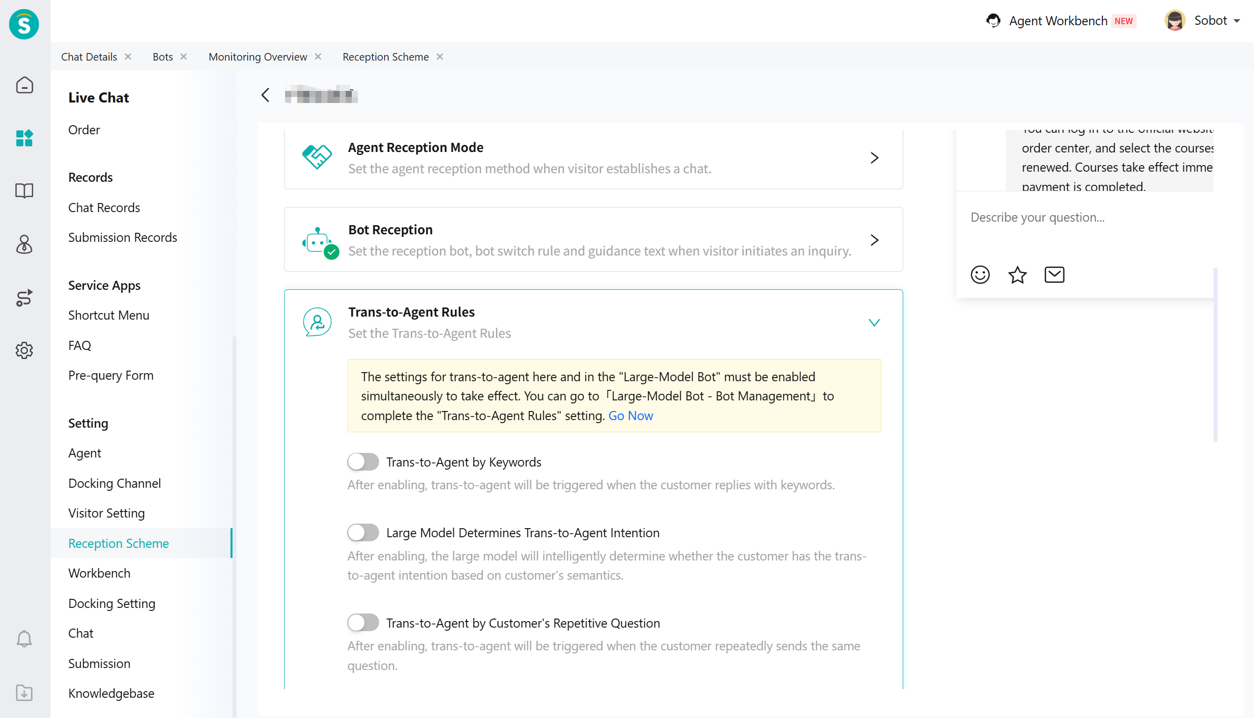 Live Chat Settings for Trans-to-Agent Rules Page12