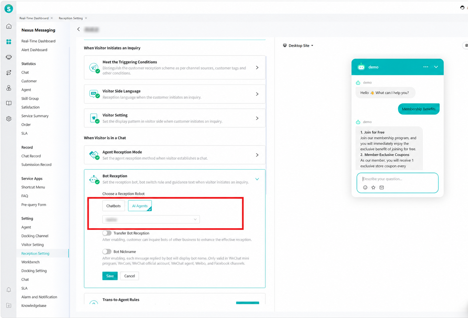 Set bot reception in Online Service