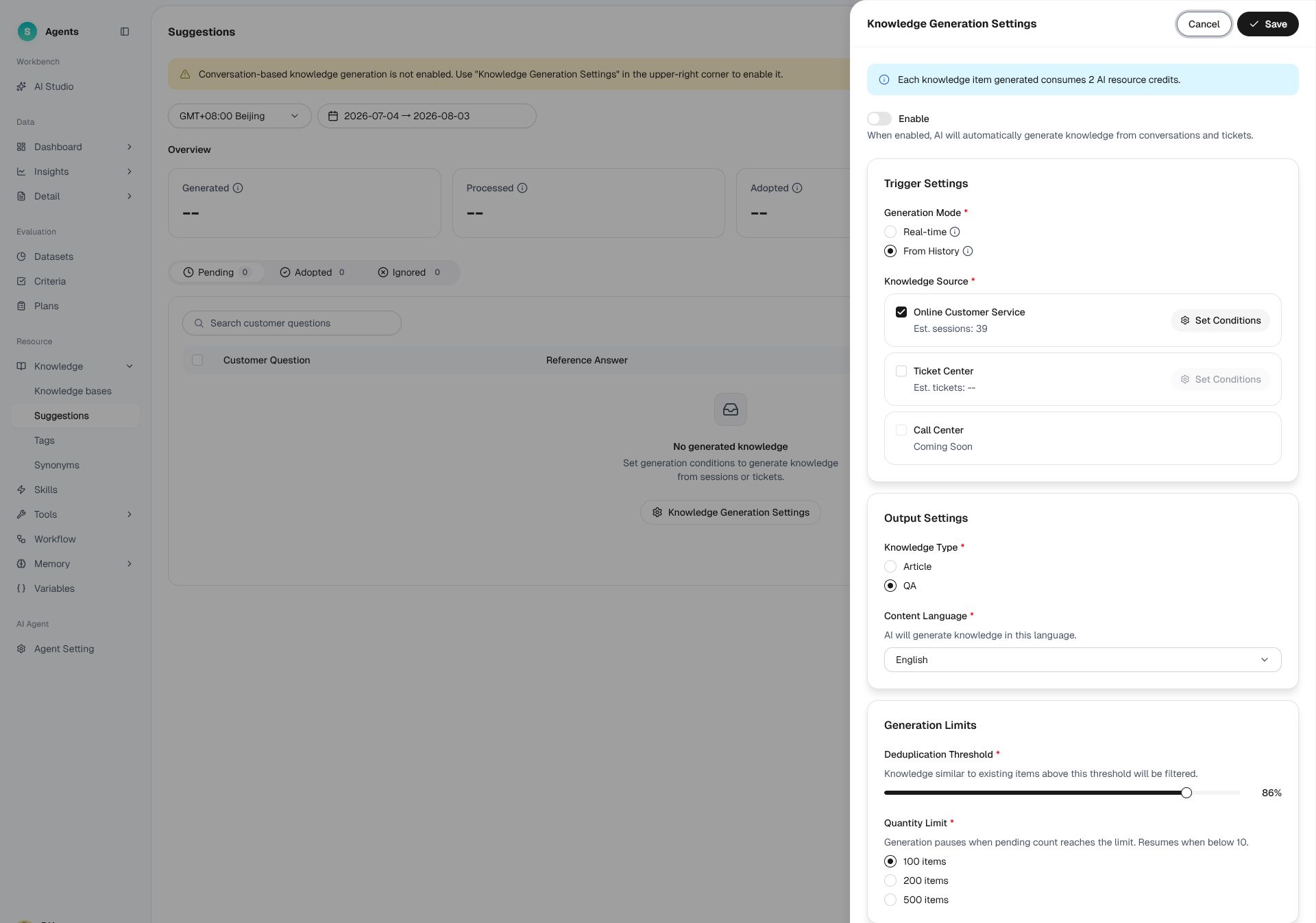 Knowledge generation settings