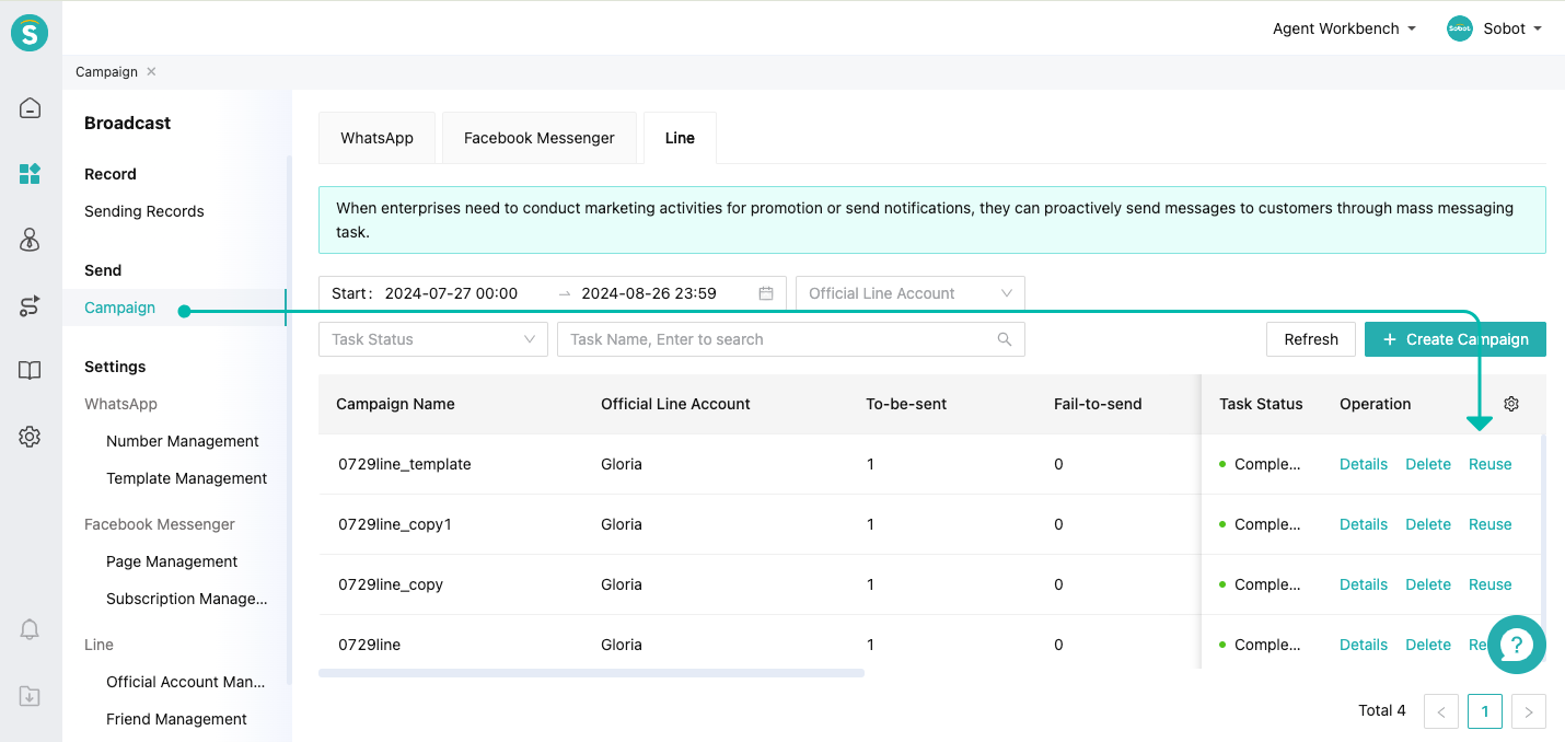 Mass messaging task reuse