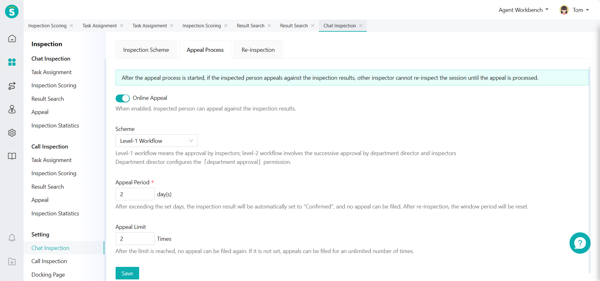 Figure 2: Settings - Chat Inspection Configuration - Enable Appeal Workflow