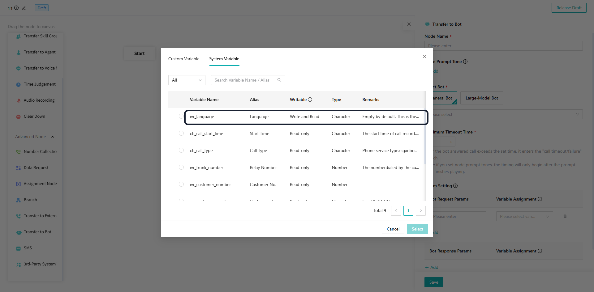 IVR system variables - language