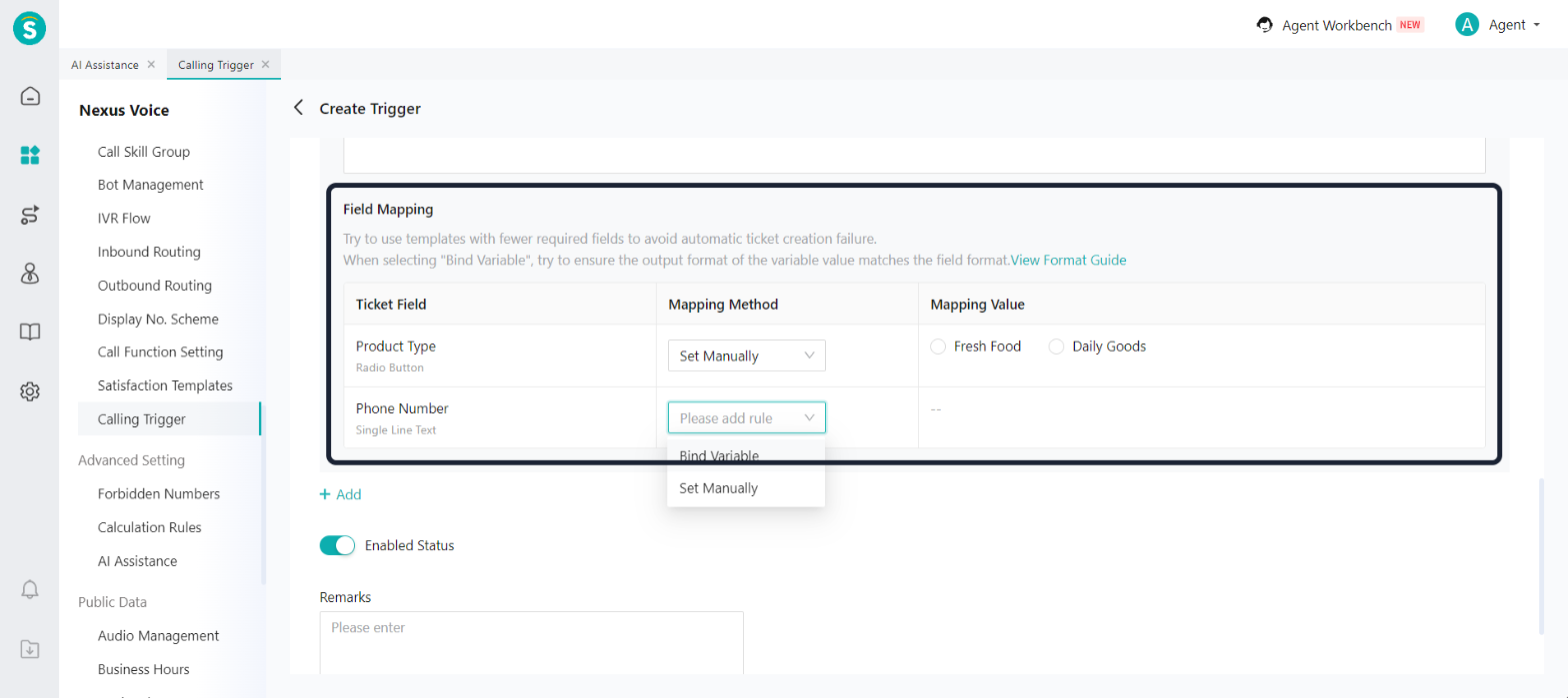 Call Trigger - create ticket - ticket template and field mapping
