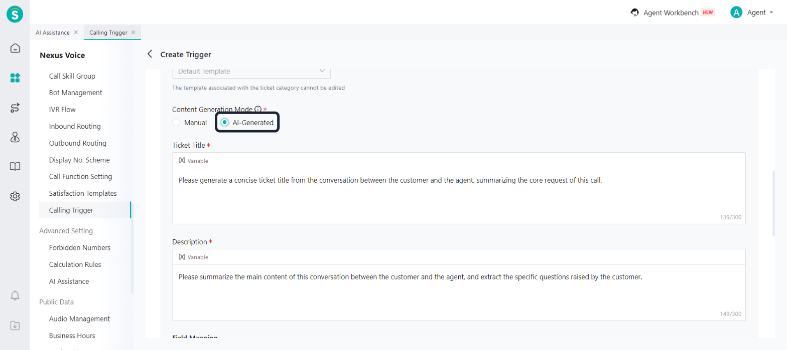 Call Trigger - create ticket - AI generation