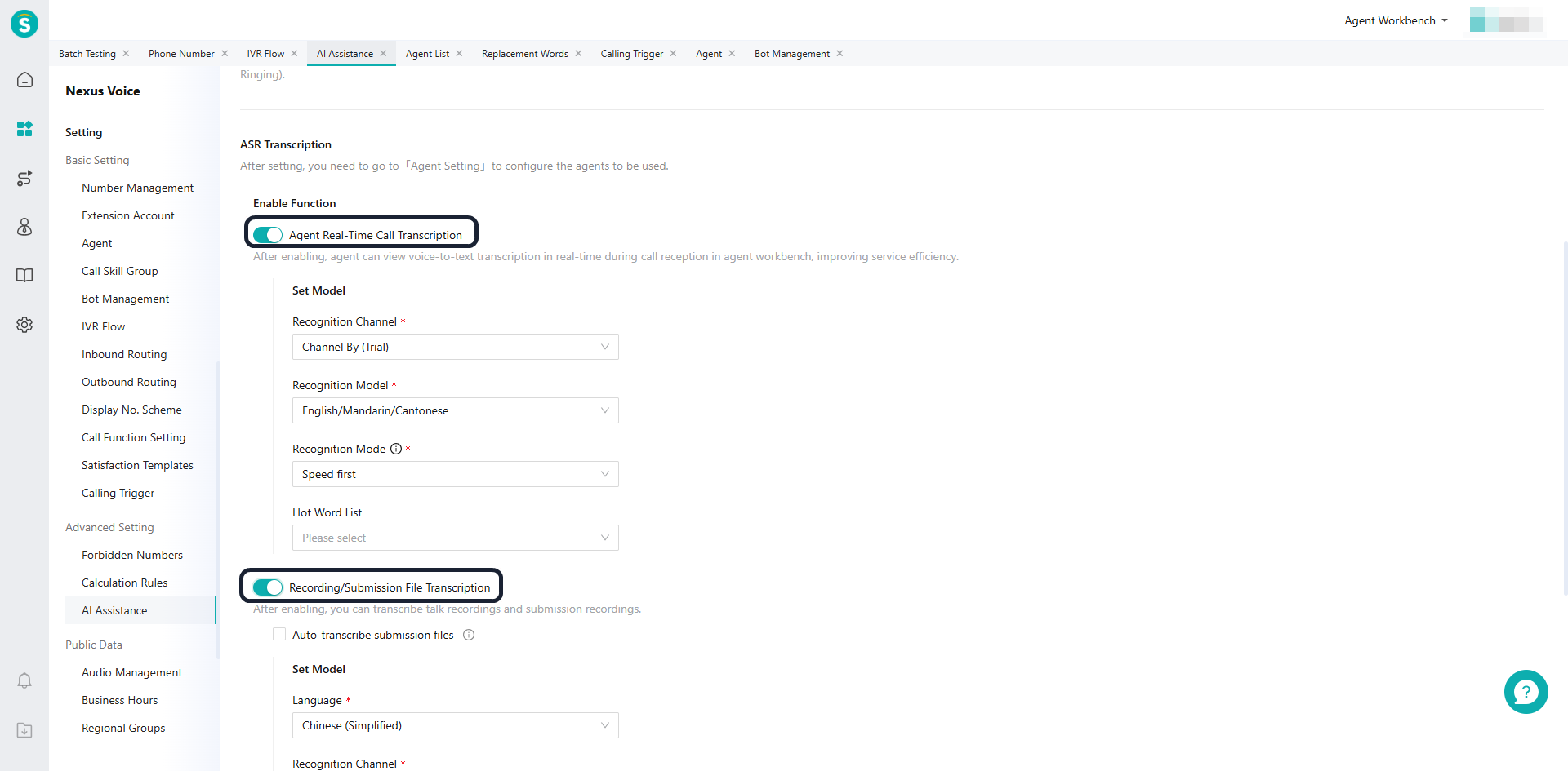 AI Assistance - ASR transcription settings