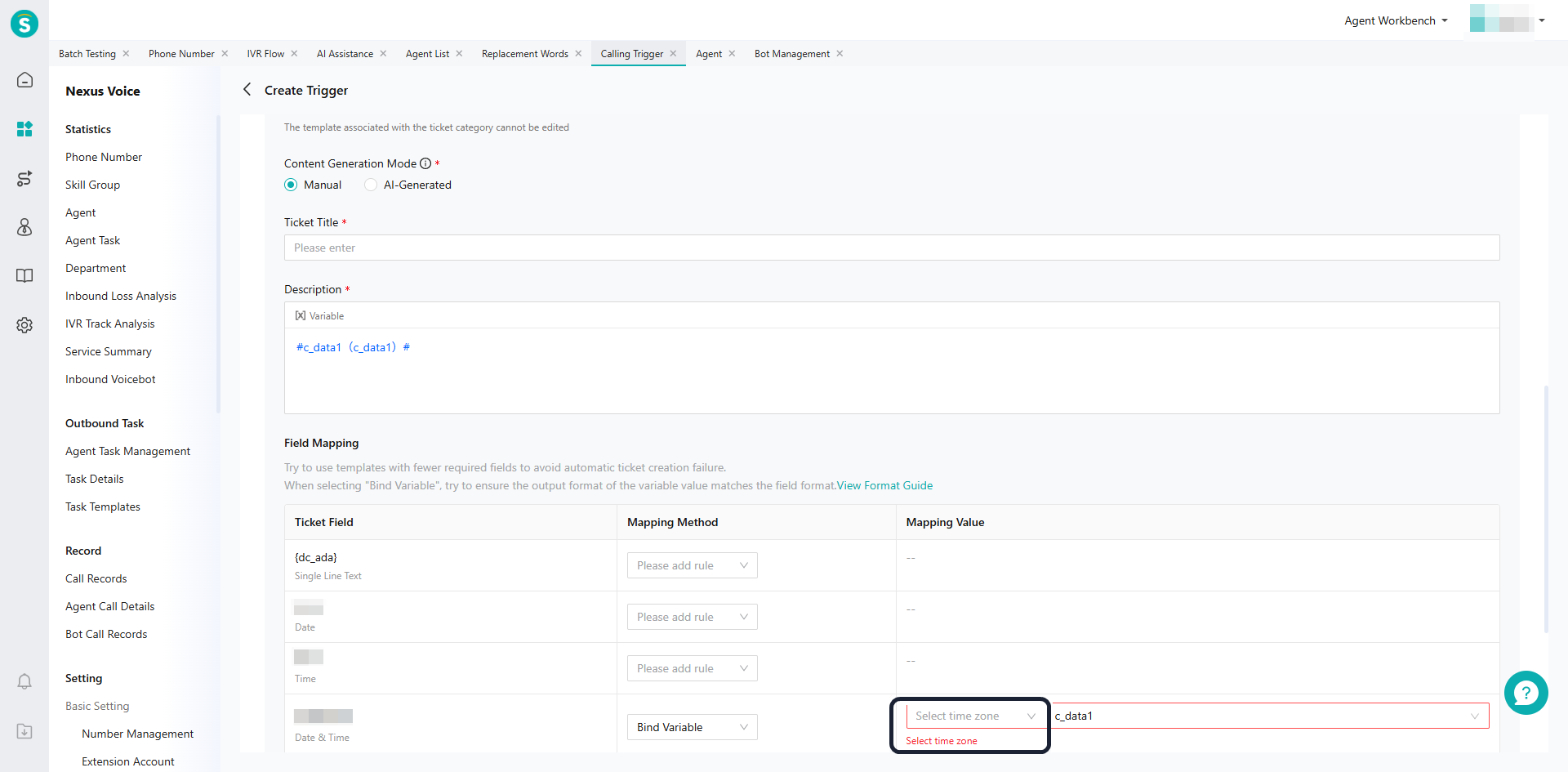 Call Trigger - create ticket - choosing a time zone for date and time fields