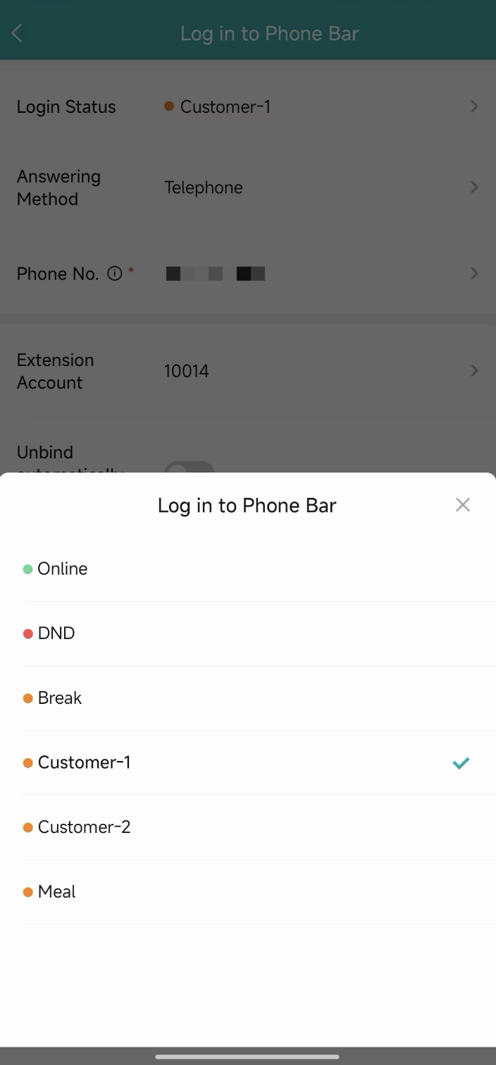 App phone bar sign-in - status dropdown