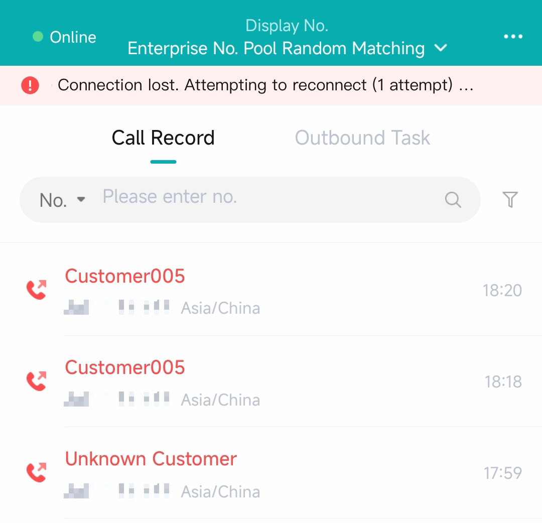 App phone bar - reconnection notice