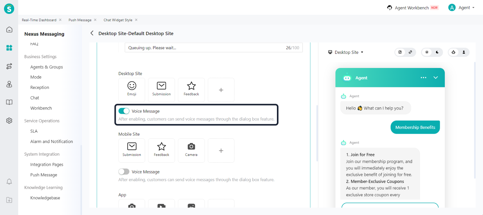 Visitor settings - voice messages on desktop sites
