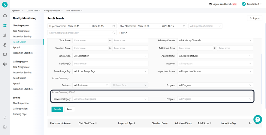 Quality monitoring Result Search - new service summary filters