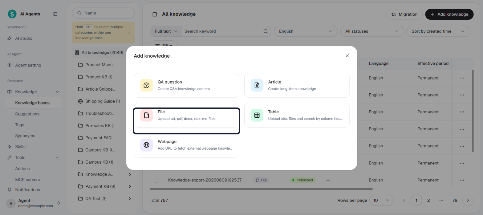 Knowledge base - uploading a Markdown file
