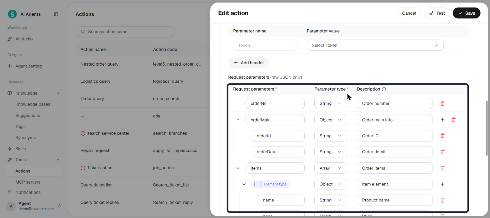 Action - multi-level parameters